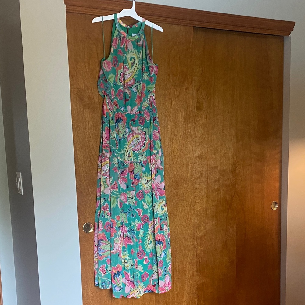 Tahari Green and Pink Floral Maxi Dress.  NWT.